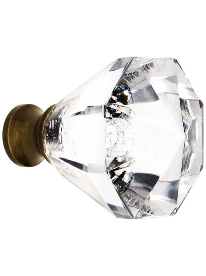 German Crystal Diamond Cut Octagonal Knob With Solid Brass Base In Antique Brass.